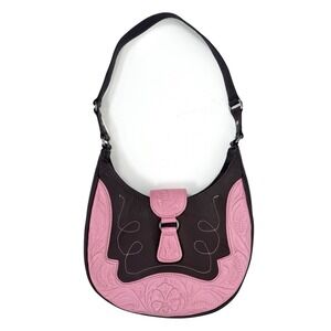 American West Shoulder Bag Pink Brown Tooled Leather Y2K Western Cowgirl Country